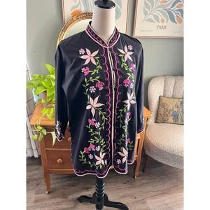 Vintage Caro of Honolulu Loop Button Floral Embroidered Jacket Scalloped Hem